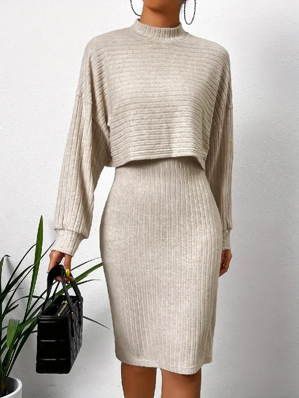 2 Pieces Sleeveless Midi Sheath Sweater Dress & Mock Neck Cropped Knit Top Set