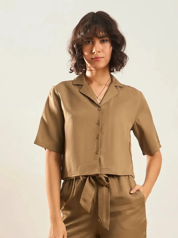 Women Khaki Tencel Notch Collar Crop Shirt