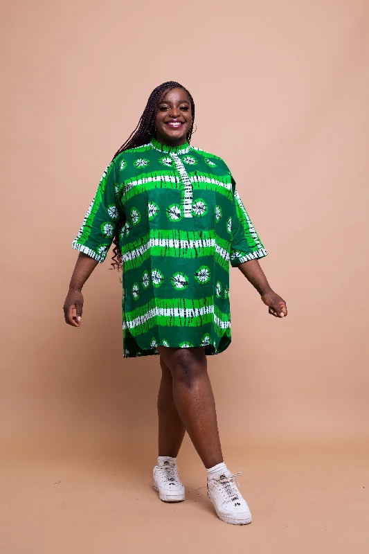 Abiola Ankara Tunic Shirt Dress | Green African Print