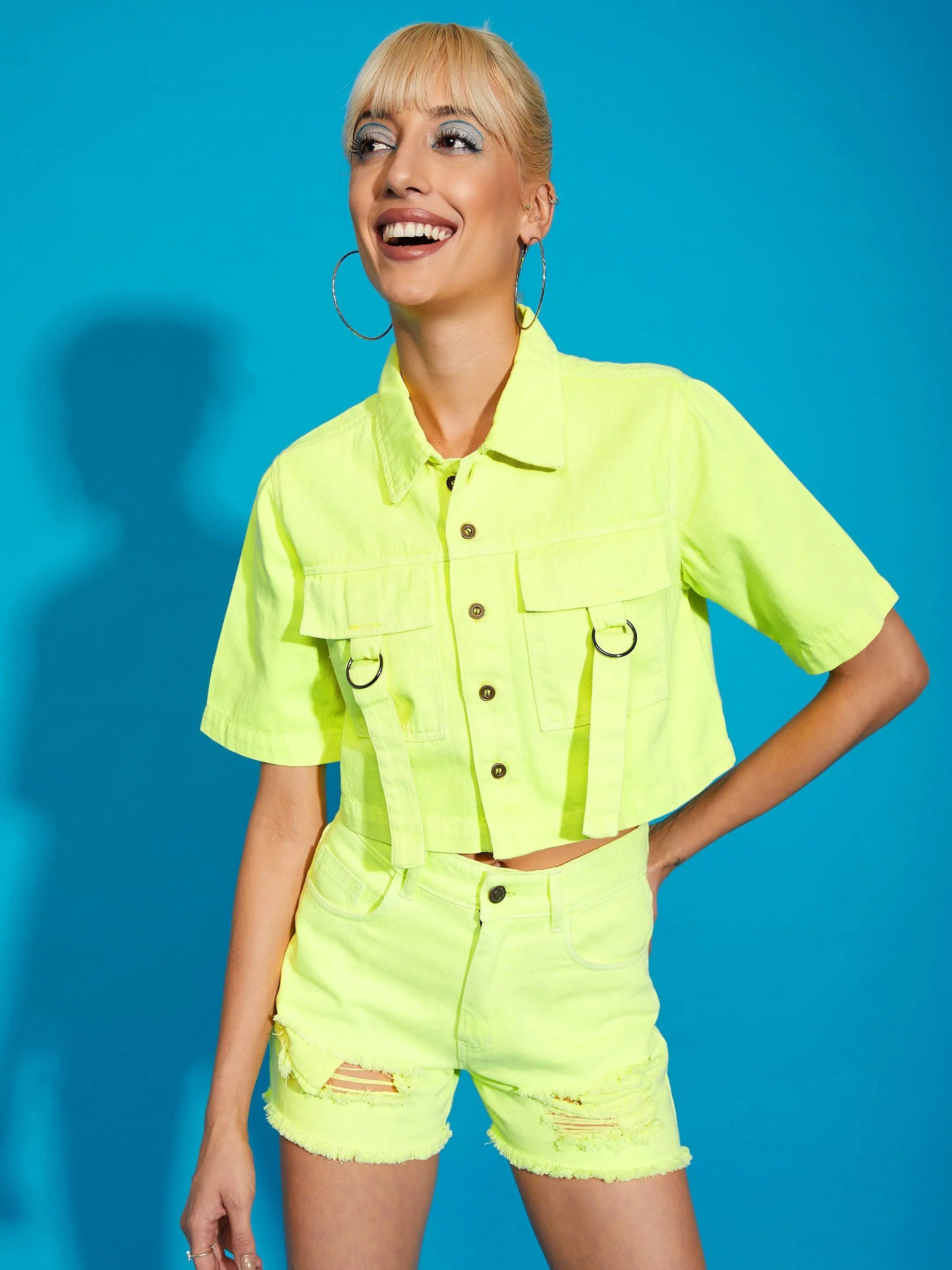 Women Neon Yellow Denim Front Pocket Crop Shirt