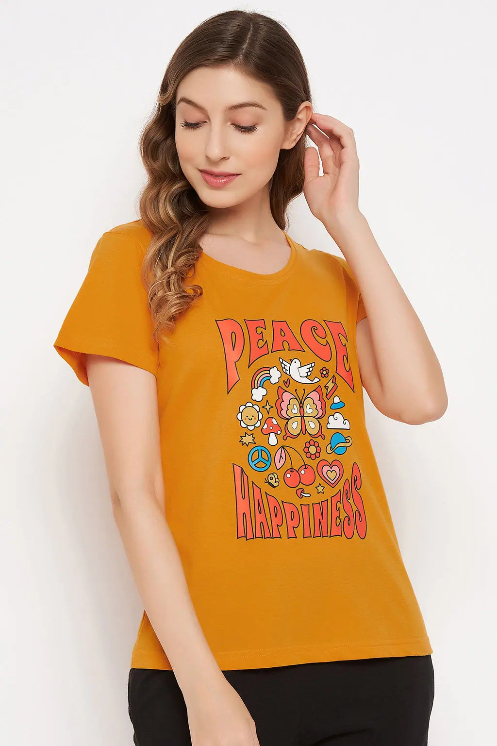 Graphic & Text Print Top in Mustard Yellow - Cotton Rich