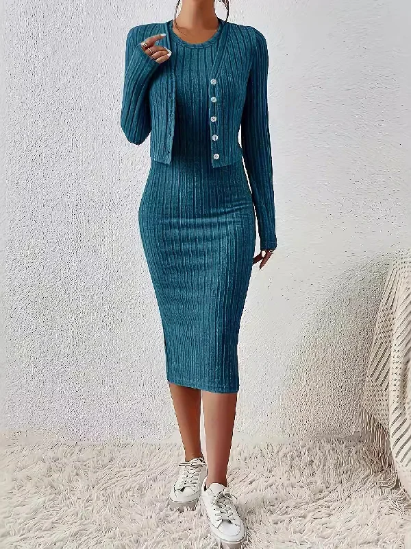 2 Pieces Sleeveless Bodycon Midi Sweater Dress & Long Sleeves Cropped Cardigan Sets