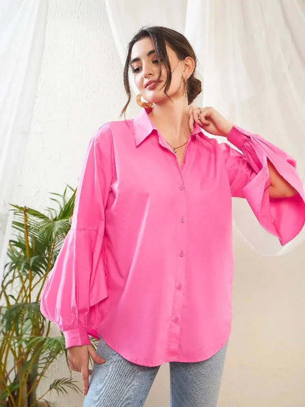 Women Pink Poplin Lantern Sleeves Shirt