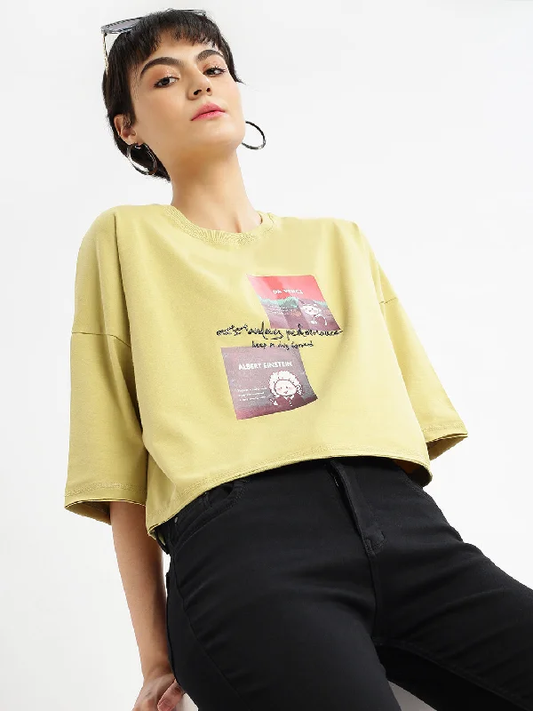 Women Graphic Mustard Boxy Crop T shirt-AF-2227-Mustard