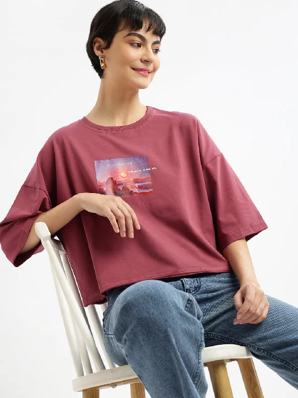 Women Graphic Mauve Boxy Crop T shirt-AF-2197-Mauve