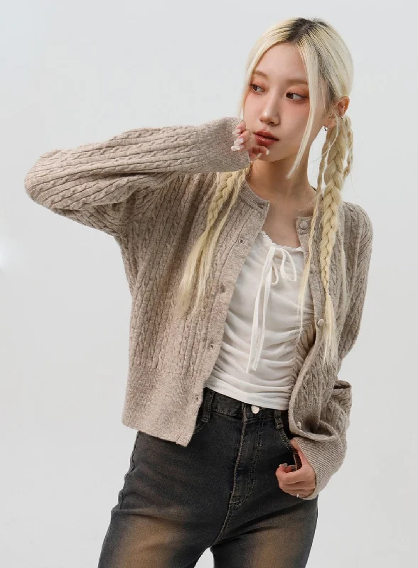 Cable Knit Round Neck Cardigan IS311