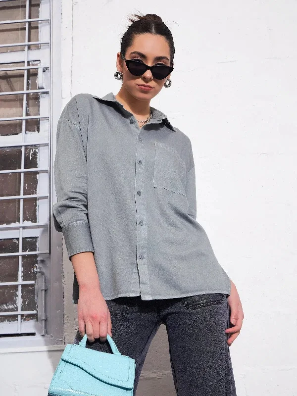 Women Light Blue Cotton Twill Oversized Shirt