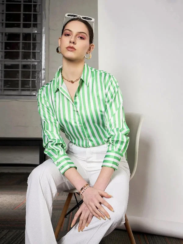 Women Green & White Satin Striped Shirt