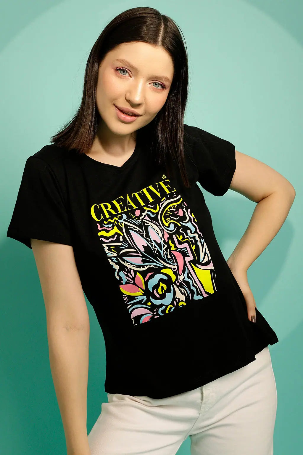 Graphic & Text Print Top in Black - 100% Cotton-LT0124G13L