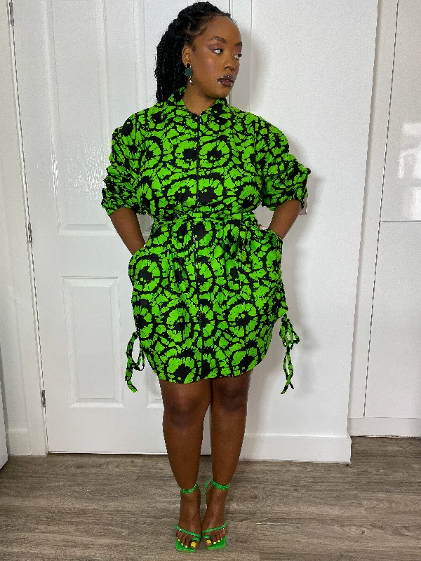 Irene Ankara Shirt Dress | Green and Black African Print