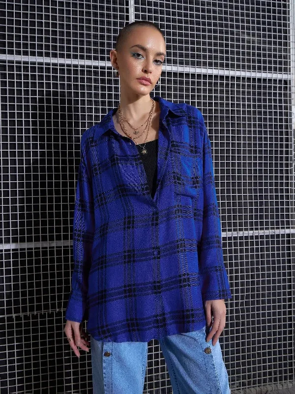 Women Royal Blue Yarn Dyed Check Oversized Shirt