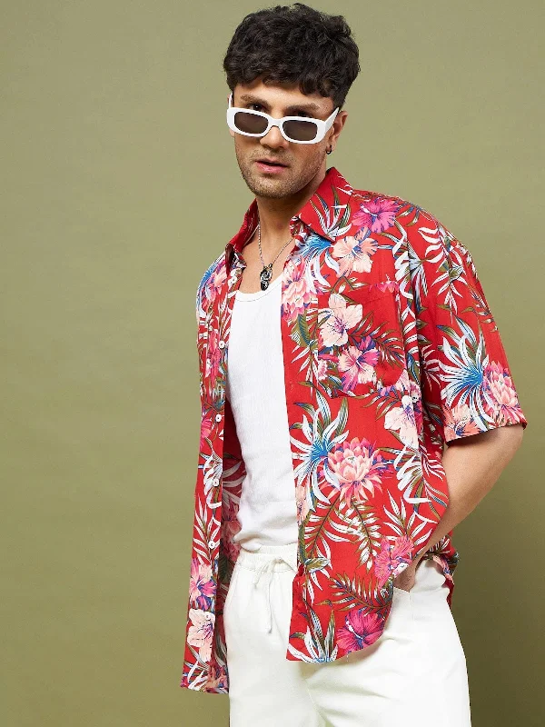 Men Red Tropical Floral Oversized Shirt