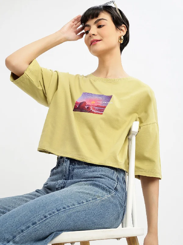 Women Graphic Mustard Boxy Crop T shirt-AF-2197-Mustard