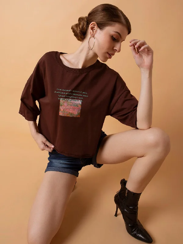 Women Graphic Brown Boxy Crop T shirt-AF-2226-Brown