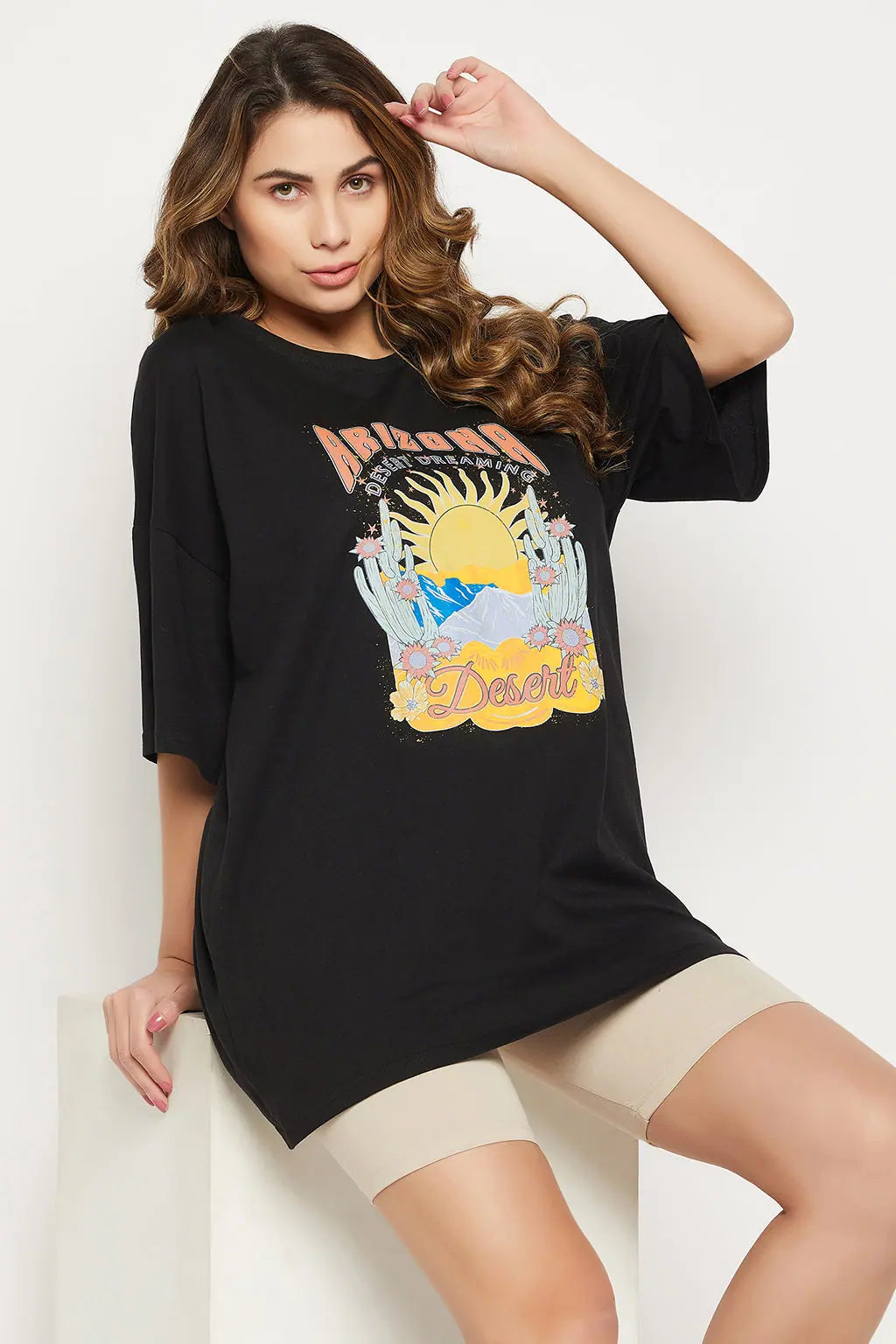 Graphic & Text Print Oversized T-shirt in Black - 100% Cotton-LT0166F13L