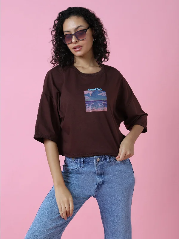 Women Graphic Brown Boxy Crop T Shirt-AF-2228-Brown