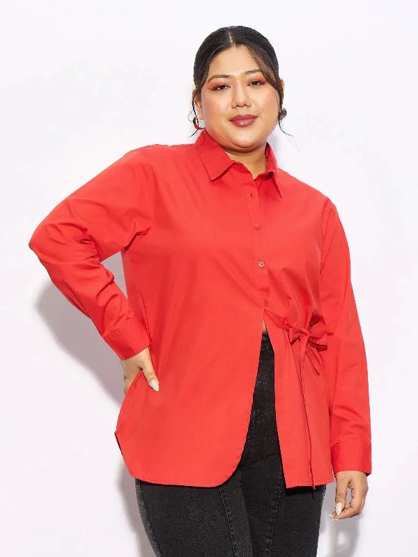 Women Red Poplin Tie Up Shirt