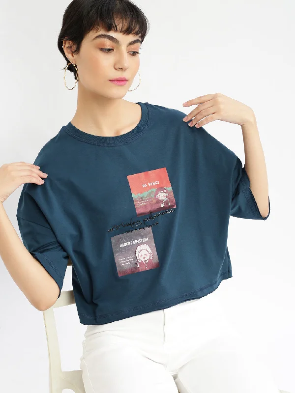 Women Graphic Teal Boxy Crop T shirt-AF-2227-Teal