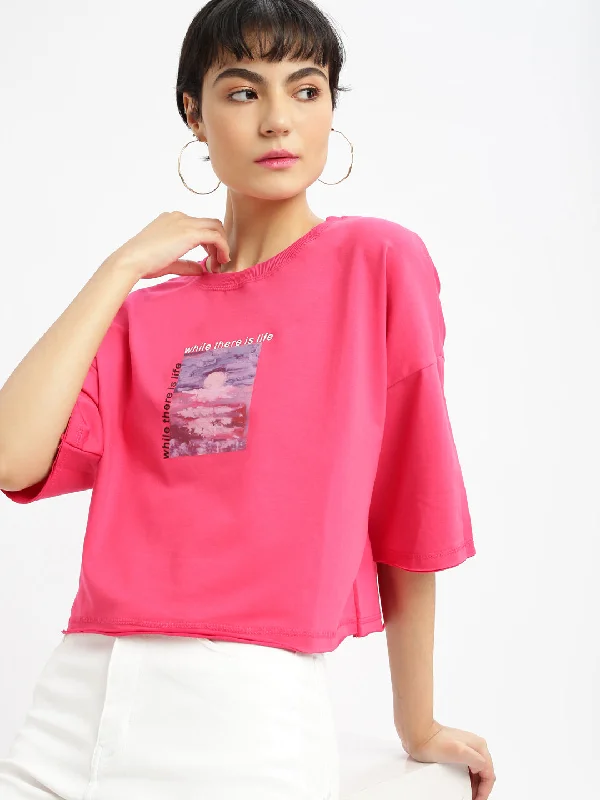 Women Graphic Pink Boxy Crop T shirt-AF-2224-Pink