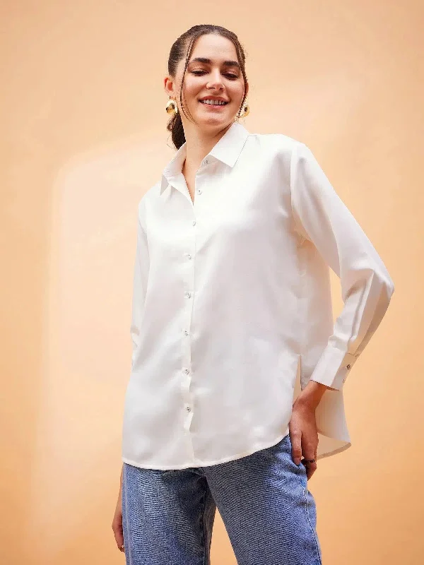 Women White Solid Satin Regular Shirt