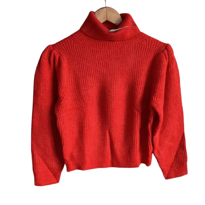 Women's Cropped Puff-Sleeve Turtleneck Sweater In Red