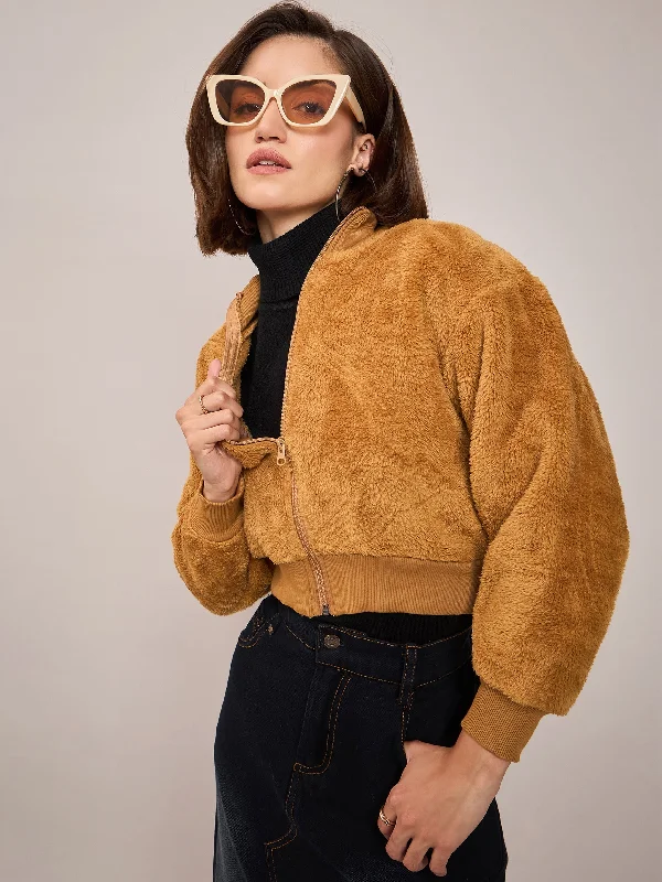 Women Brown Fur High Neck Crop Bomber Jacket