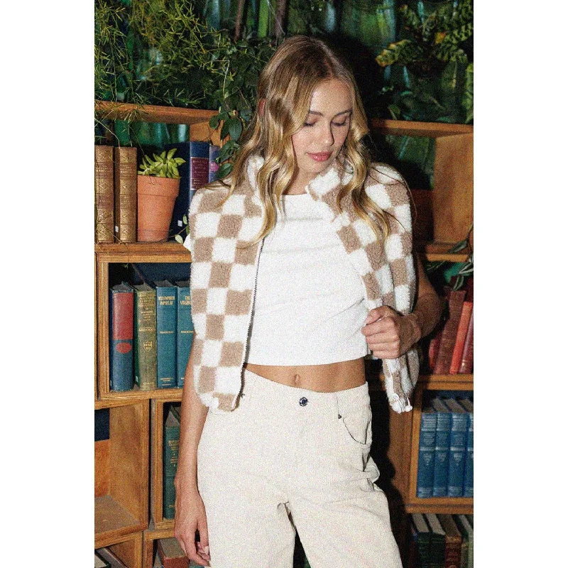 Checkerboard Sherpa Cropped Vest - Brown