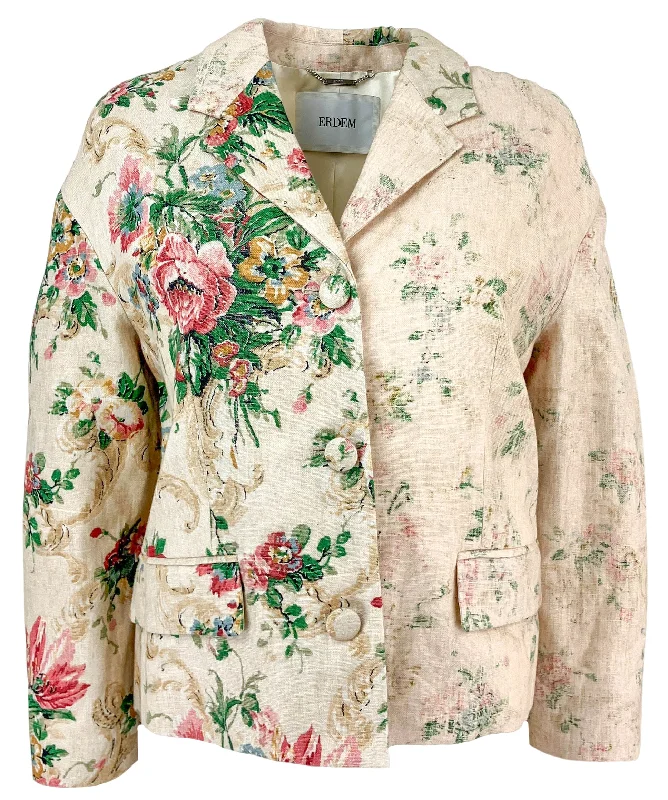 ERDEM Antique Linen Chintz Cropped Jacket in Ecru Multi