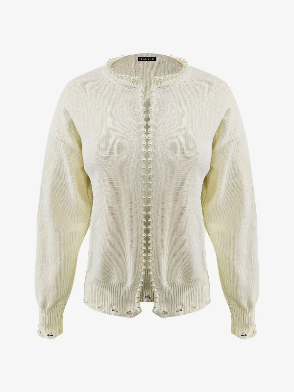 Faux Pearl Decor Long Sleeves Open Front Cardigan