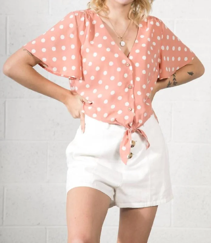 Polka Dot Tie Knot Crop Top In Blush