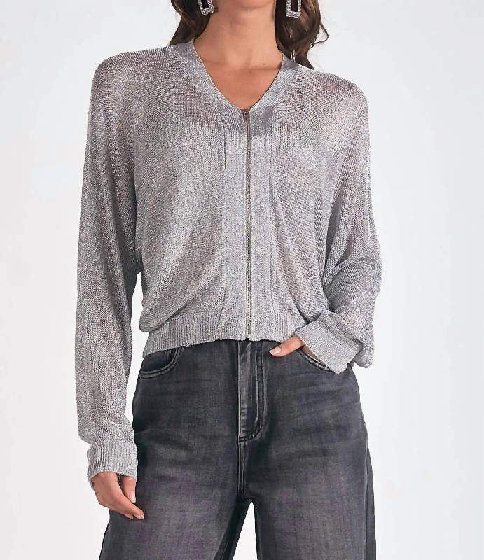 Metallic Sweater Cardigan In Silver