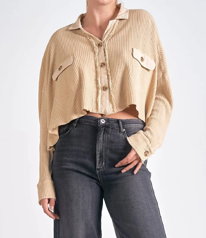 Crop Button Down Jacket In Tan