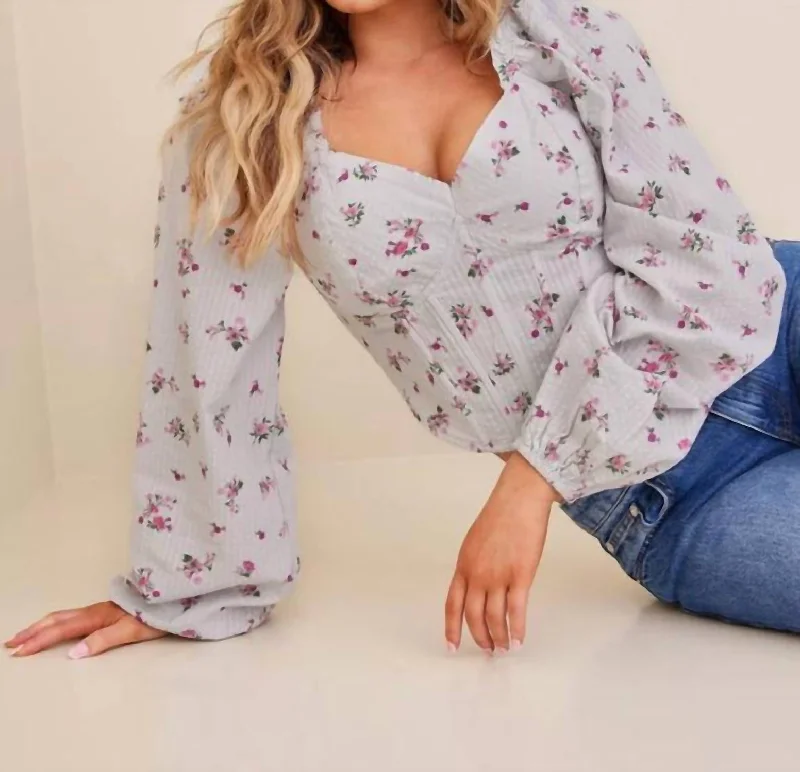 Polina Long Sleeve Crop Top In Blue/pink Floral