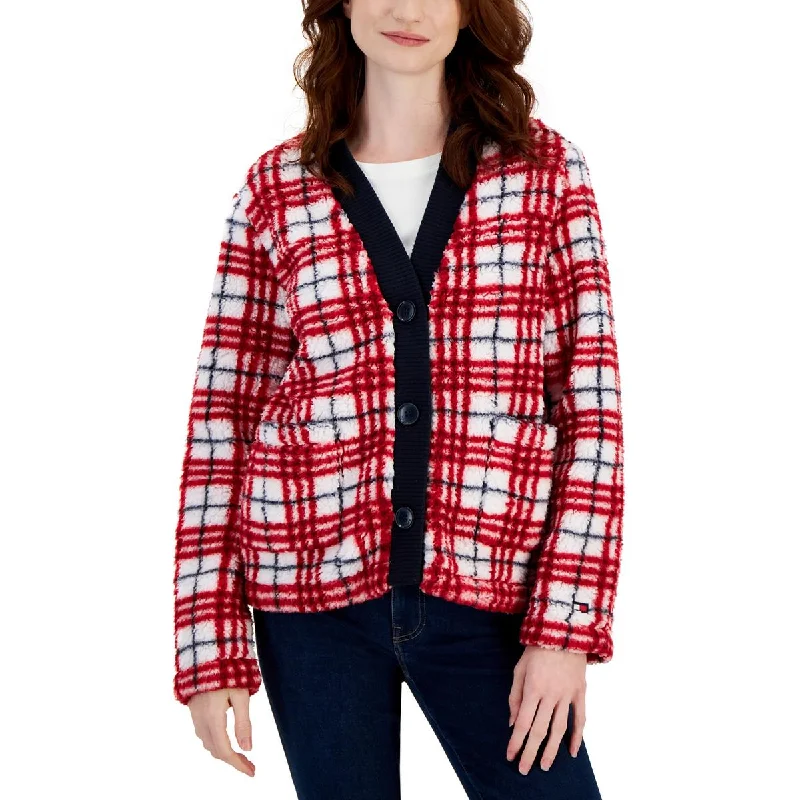 Tommy Hilfiger Womens Plaid Sherpa Cardigan Sweater