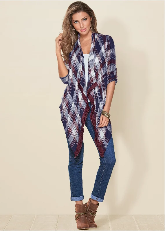 Plaid And Fringe Cardigan - Navy Multi