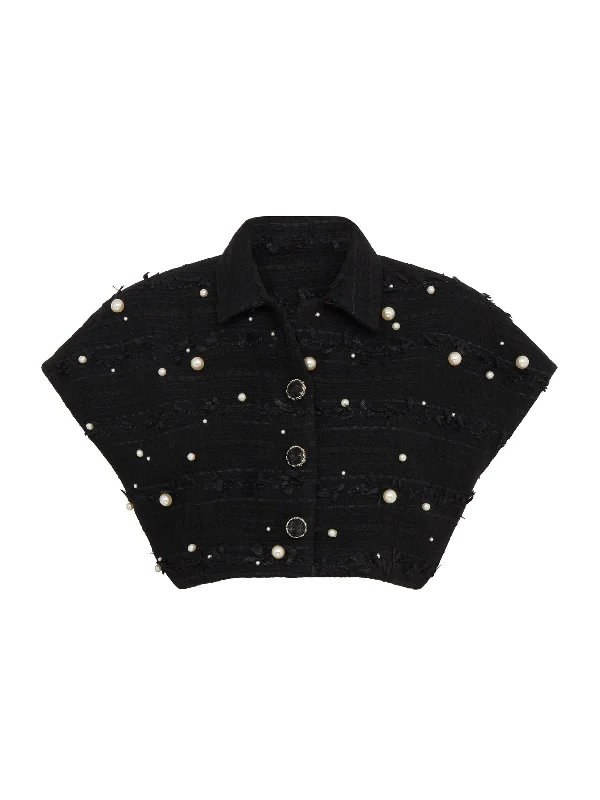 Faux Pearl-Embellished Cropped Vest in Black