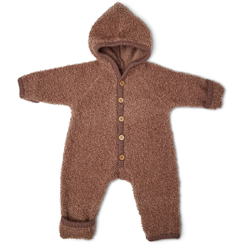 Smallstuff Rose Brown Jumpsuit Bouclé Merino Wool With Buttons And Hood