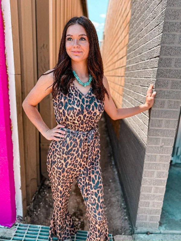 Jewel Flare Leg Ribbed Jumpsuit - Leopard - MK110:/ LEOPARD