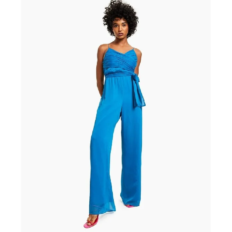 GUESS Women's Zippered Pleated Tie At Waist Smocked Back Spaghetti Strap Surplice Neckline Wide Leg Jumpsuit Blue Size Small