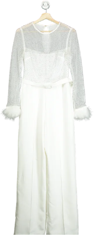 Lipsy White Feather Trim Jumpsuit UK 10