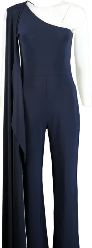 Club L London Navy Asymmetric Flared-Leg Jumpsuit With Cape Sleeve UK 10