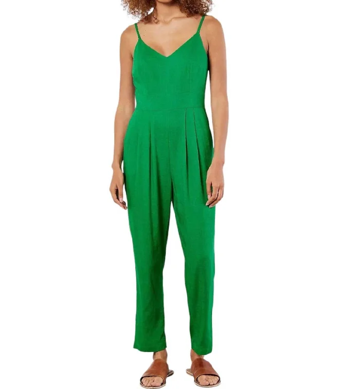 Linen Mix Pleat Detail Cami Jumpsuit In Green