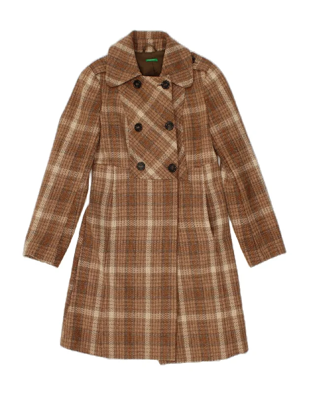 BENETTON Womens Double Breasted Coat IT 36 XS Brown Check Wool