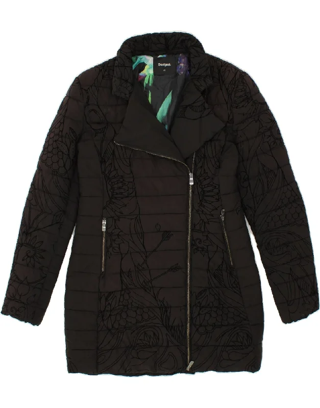 DESIGUAL Womens Abstract Pattern Padded Coat EU 40 Medium Black Polyester