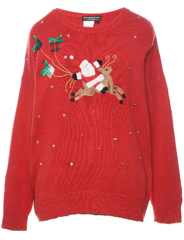 Santa Claus & Reindeer Vintage Christmas Jumper - XL