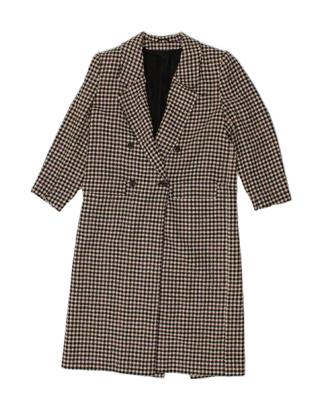 VINTAGE Womens Double Breasted Coat UK 38 Medium Grey Houndstooth Wool