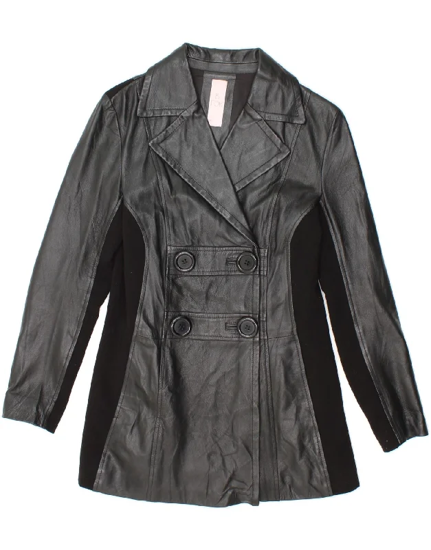 VINTAGE Womens Leather Coat UK 10 Small Black Colourblock Leather