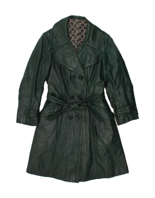 VINTAGE Womens Leather Coat UK 10 Small Green