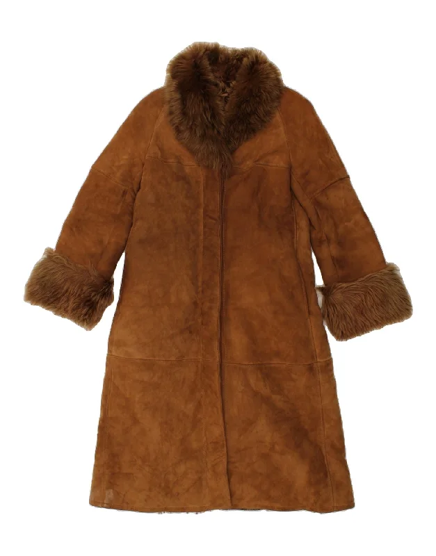 VINTAGE Womens Shearling Coat IT 44 Medium Brown Leather