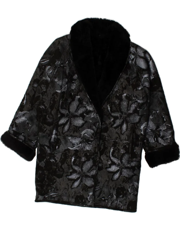 VINTAGE Womens Shearling Coat UK 18 XL Black Floral